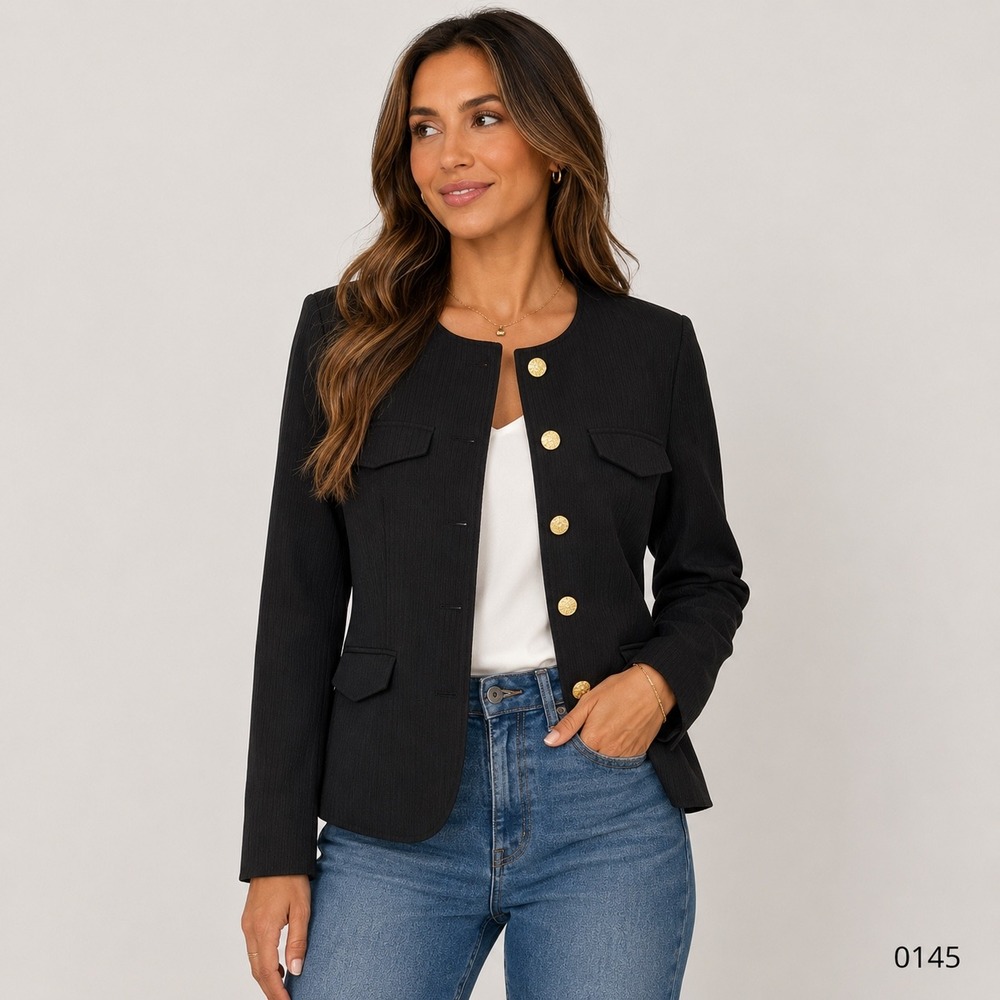Nanette Lepore Black Textured Collarless Blazer Gold Button Jacket‎ Womens Large